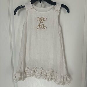 Monogrammed “E” White Linen Buttoned Shoulder Dress